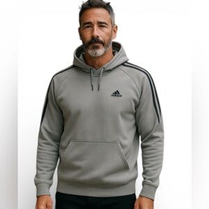 Adidas Heather Gray Hoodie with 3 Black Arm Stripes Size Medium Front Pocket